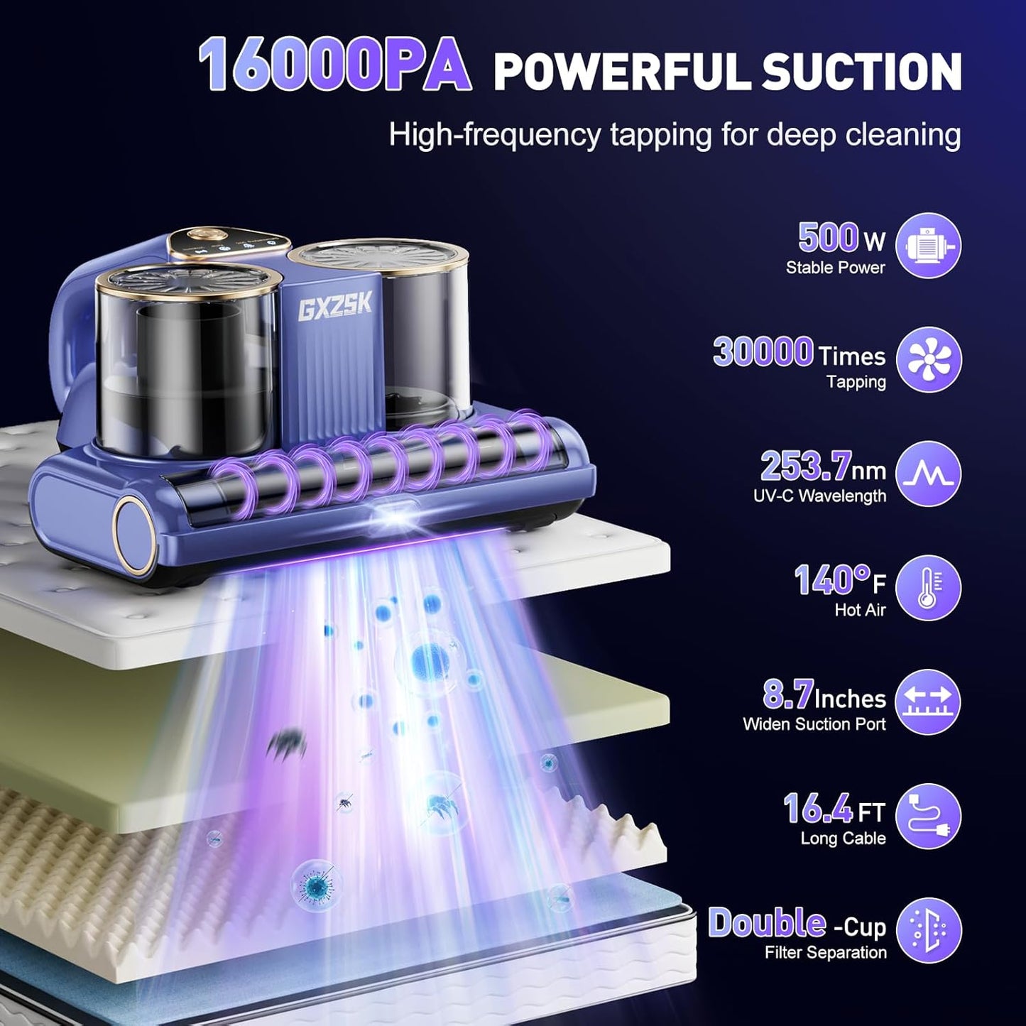 GXZSK mattress vacuum cleaner 16KPA UV-C

GXZSK bed vacuum cleaner with ultrasonic technology

GXZSK dual-cup HEPA mattress vacuum

GXZSK fabric and sofa vacuum cleaner

GXZSK high suction mattress vacuum 500W